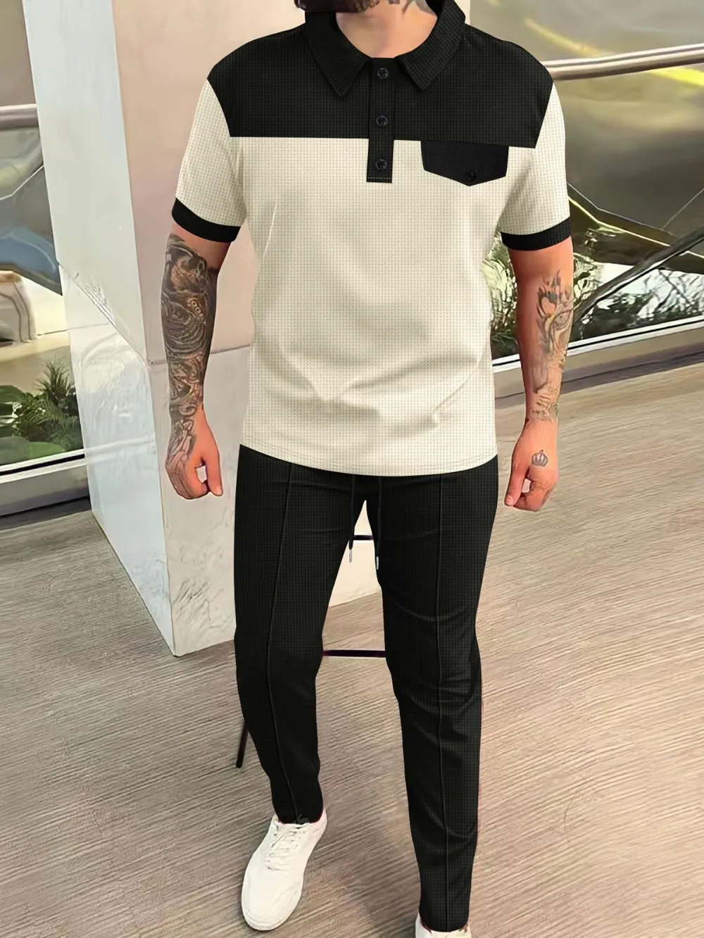 Men‘s Full Size Waffle-Knit Contrast Top and Pants Set Plus Size