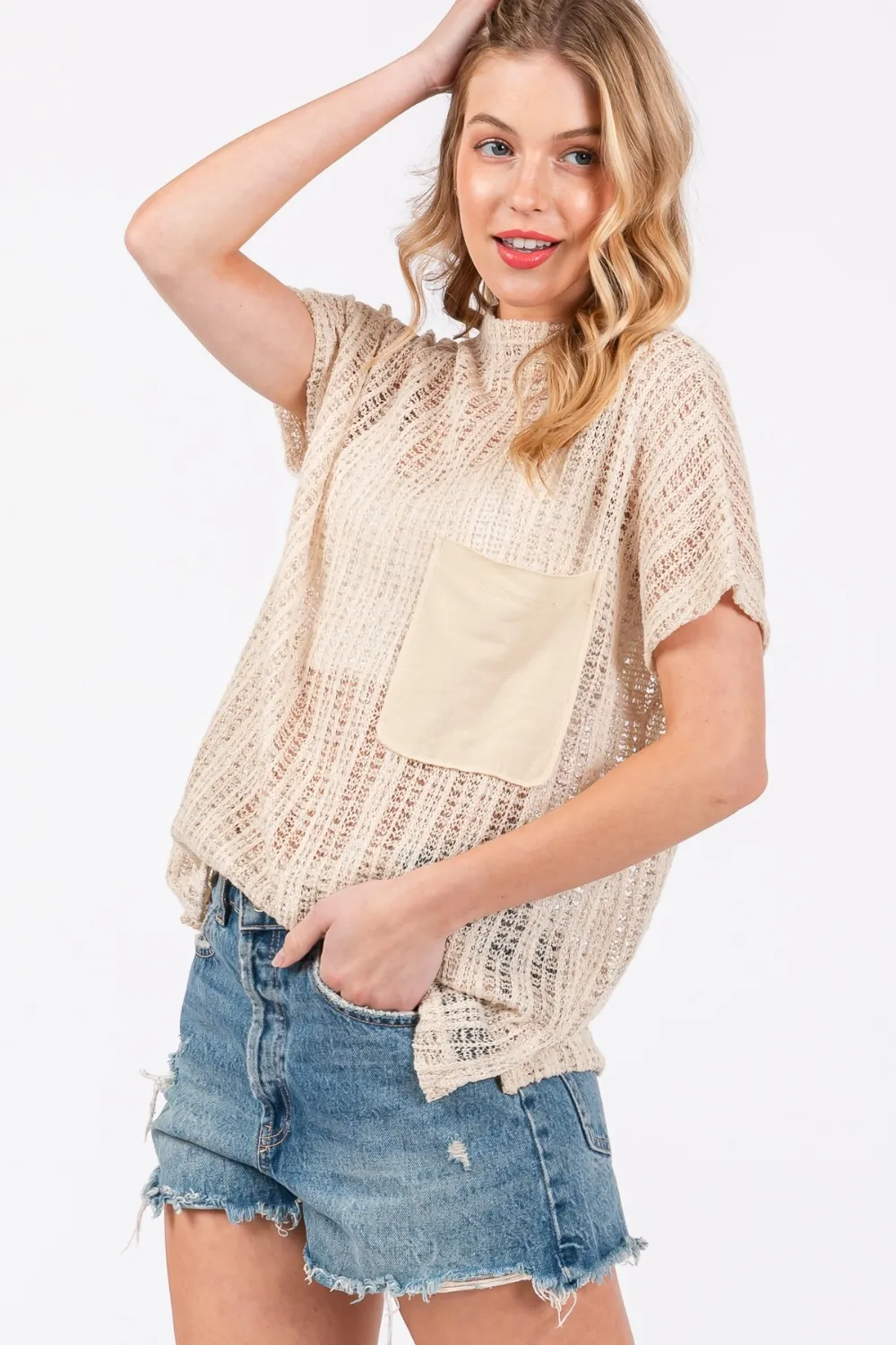 Ces Femme See Through Crochet Mock Neck Cover Up, image 4