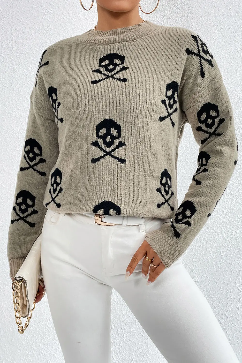 Graphic Mock Neck Dropped Shoulder Sweater, image 16