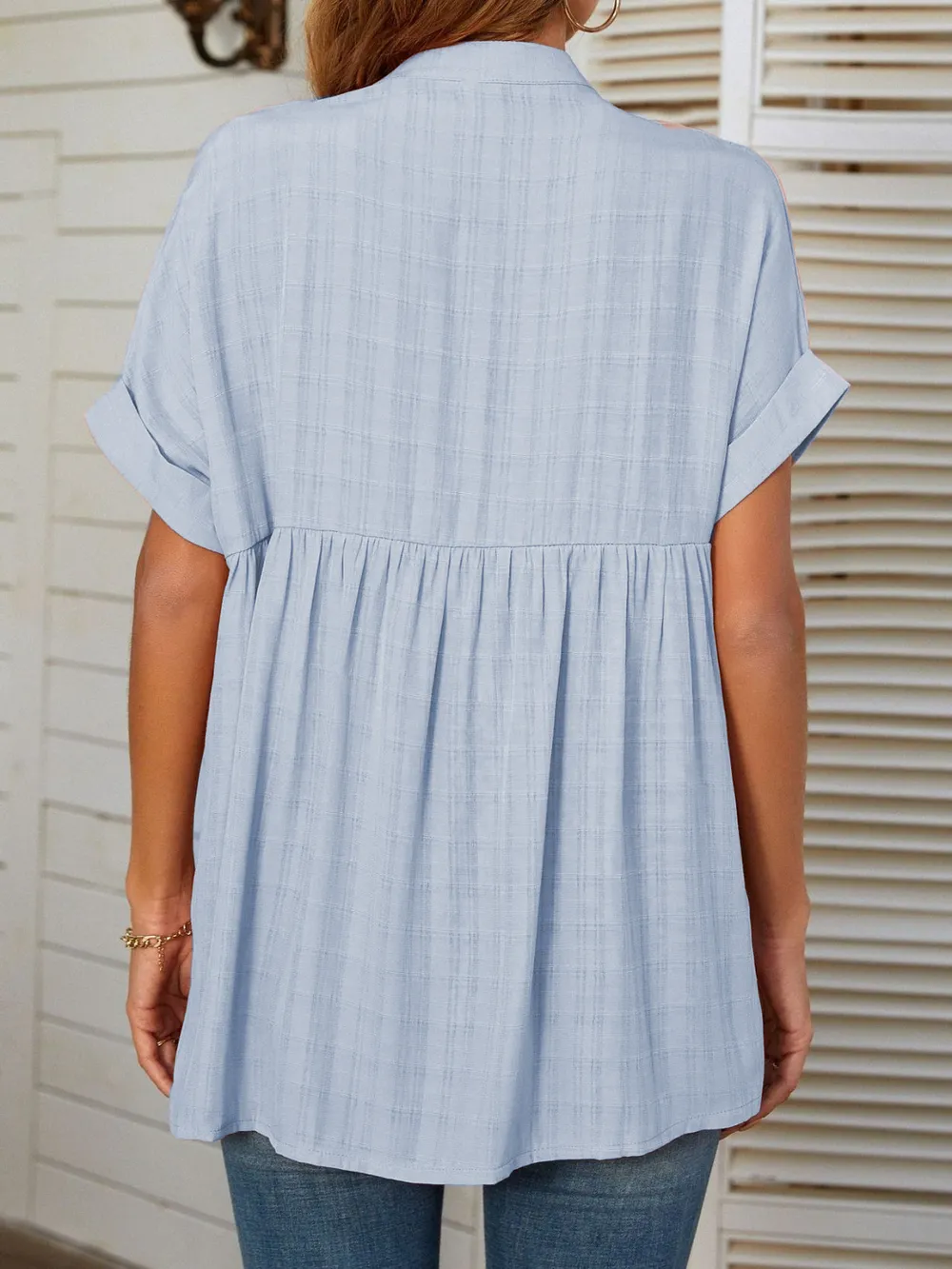 Side Slit Notched Short Sleeve Blouse, image 13