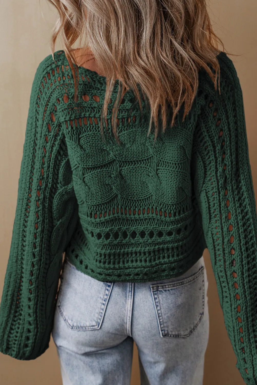 Cable-Knit Openwork Long Sleeve Sweater, image 2