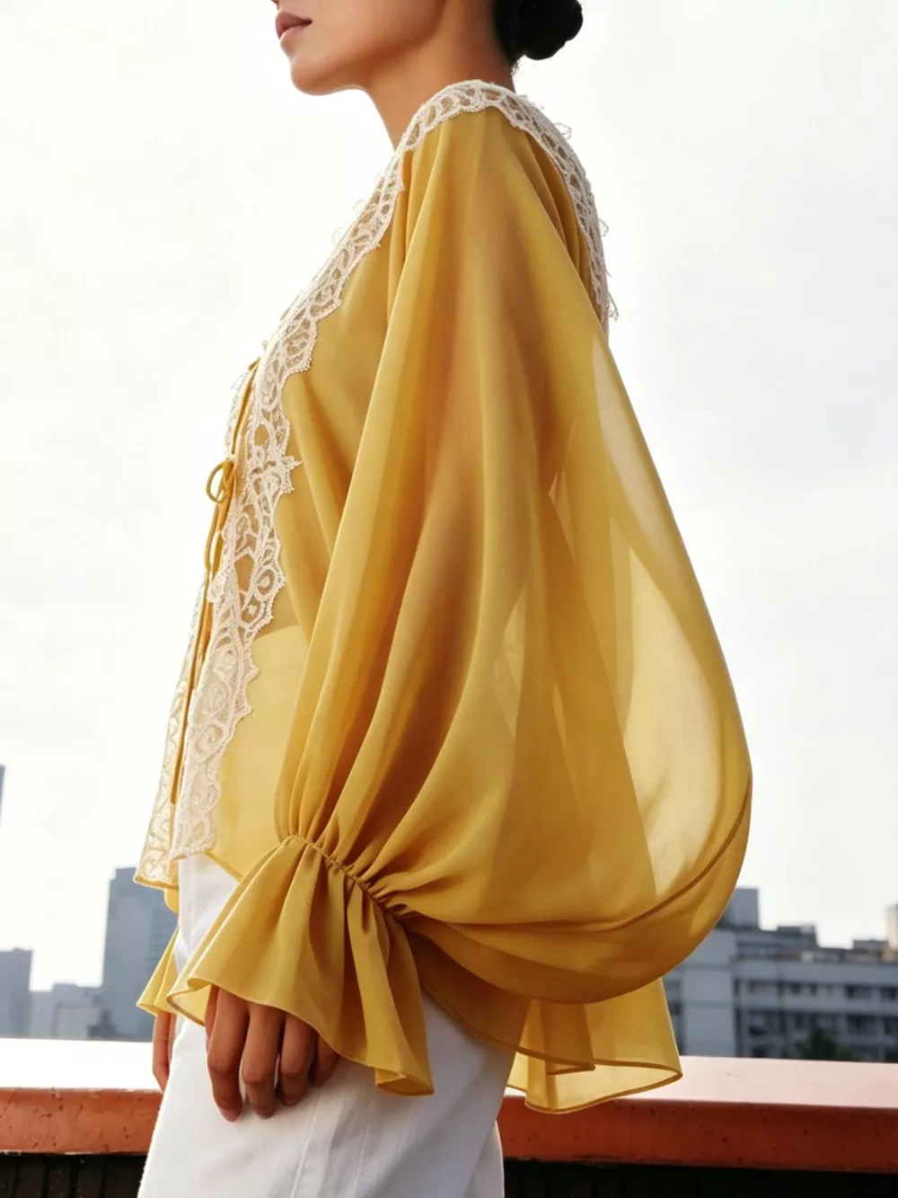 Sheer Lace-Trimmed Front Tie Blouse, image 4