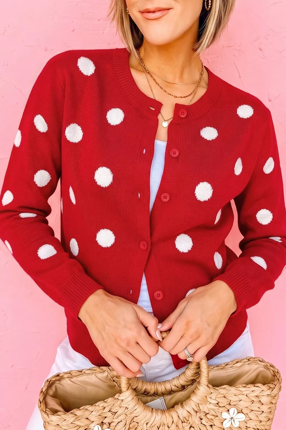 Casual Polka Dot Button Front Long Sleeve Sweater Cardigan, image 3