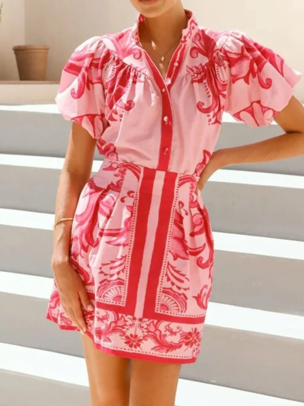 Printed Puff Sleeve Top and Skirt Set, image 4
