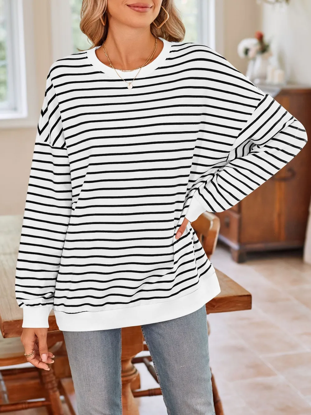 Striped Round Neck Long Sleeve Sweatshirt, image 4