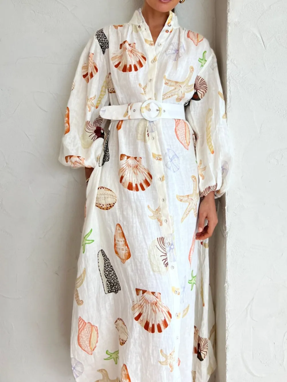 Printed Balloon Sleeve Maxi Shirt Dress, image 2