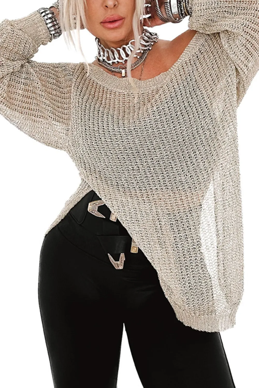 Side Slit Long Sleeve Knit Cover Up, image 4