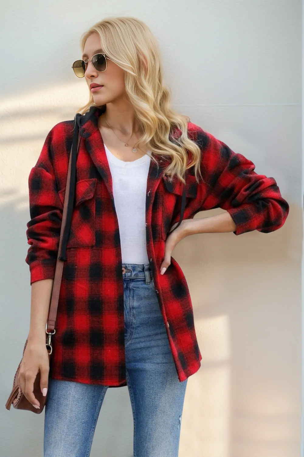Drawstring Plaid Long Sleeve Hooded Shacket, image 3