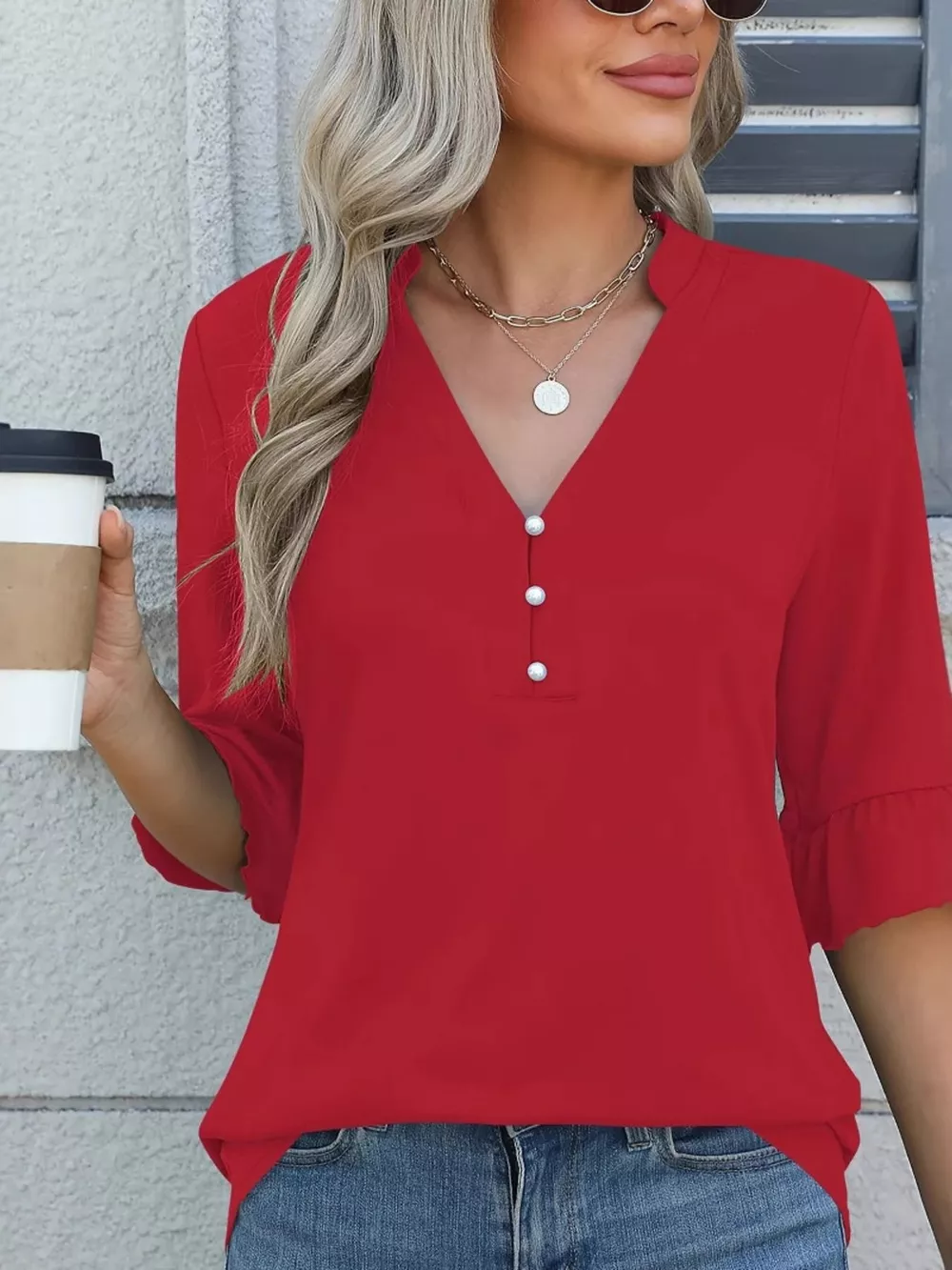 Full Size Notched Flounce Sleeve Blouse Plus Size, image 5