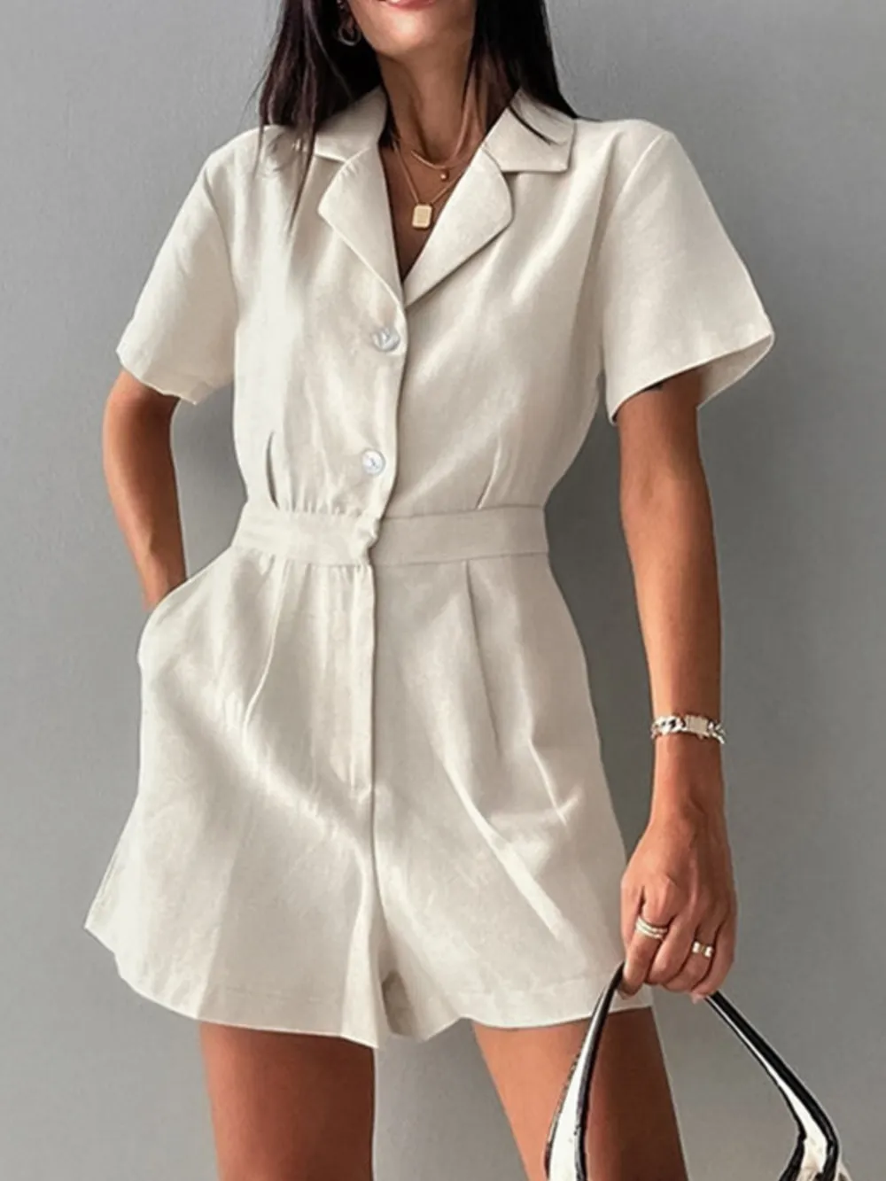 Button-Front Short Sleeve Romper
