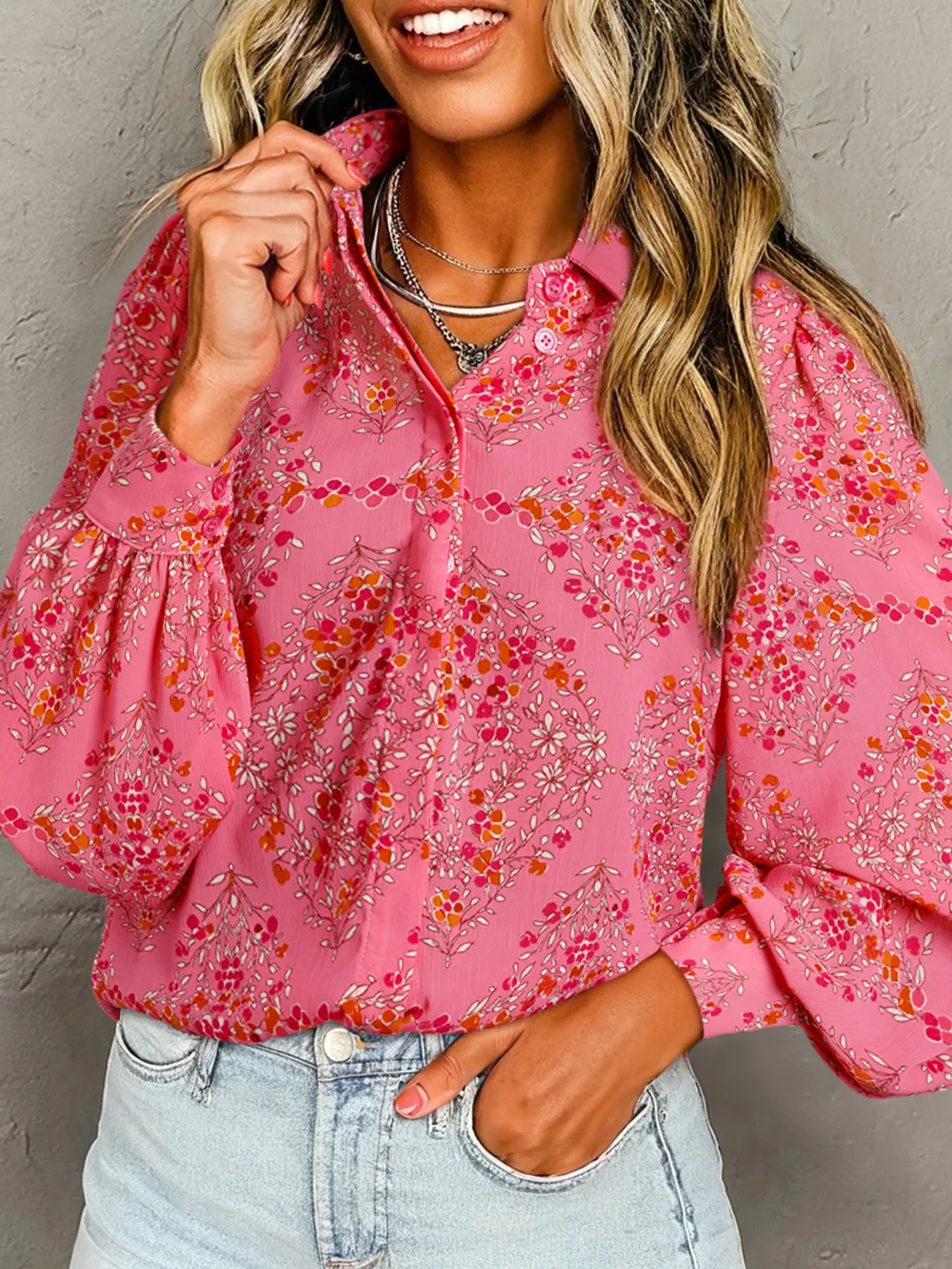 Floral Print Lantern Sleeve Loose Shirt, image 5