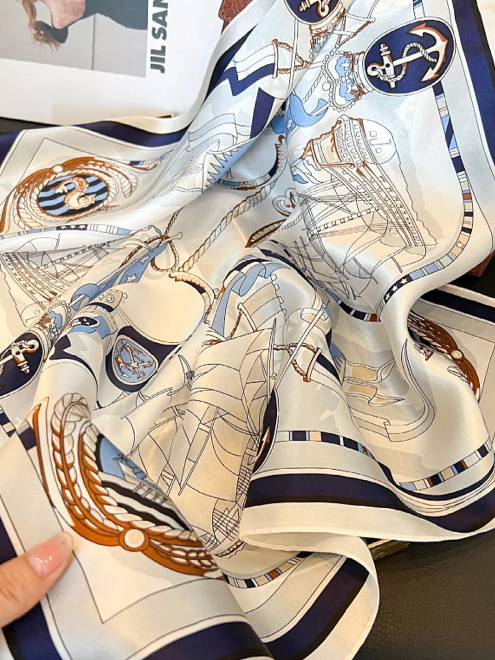 Nautical Print Silk Square Scarf, image 5