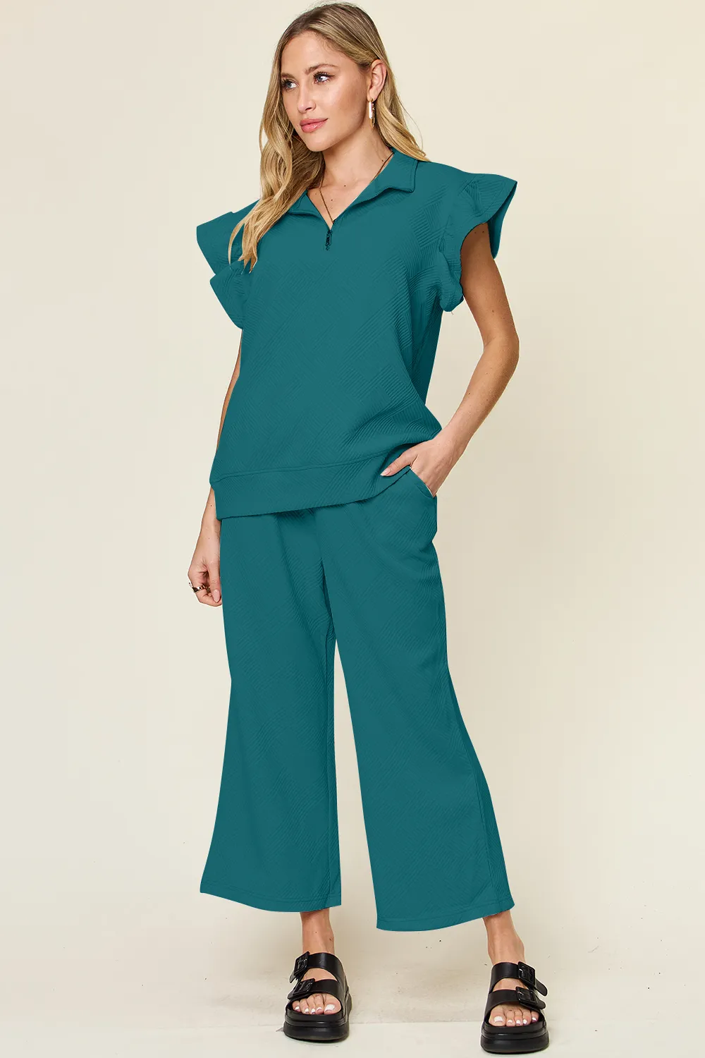 Texture Ruffle Short Sleeve Top and Drawstring Wide Leg Pants Set, image 10