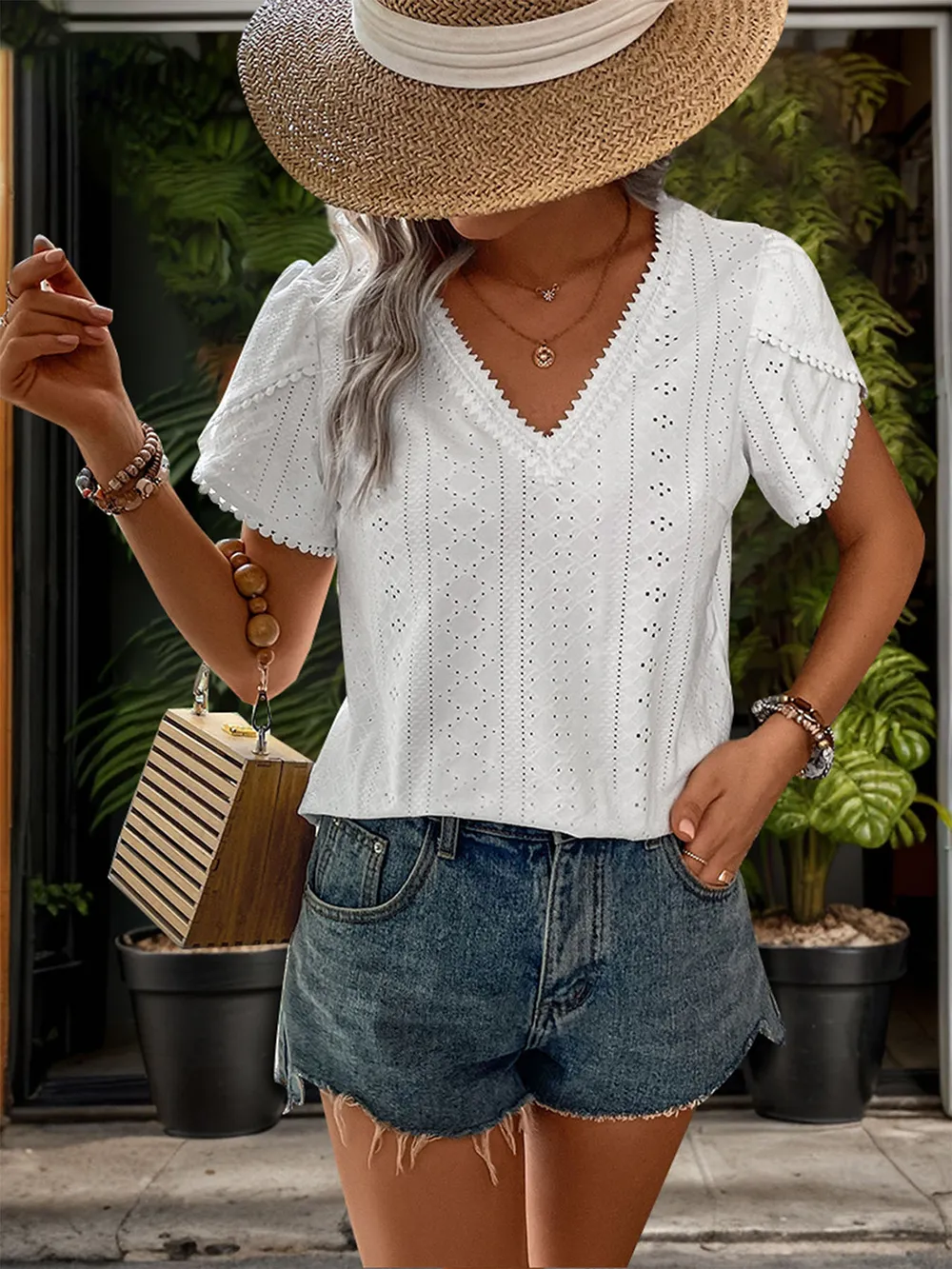 Perfee Eyelet V-Neck Petal Sleeve Blouse, image 4