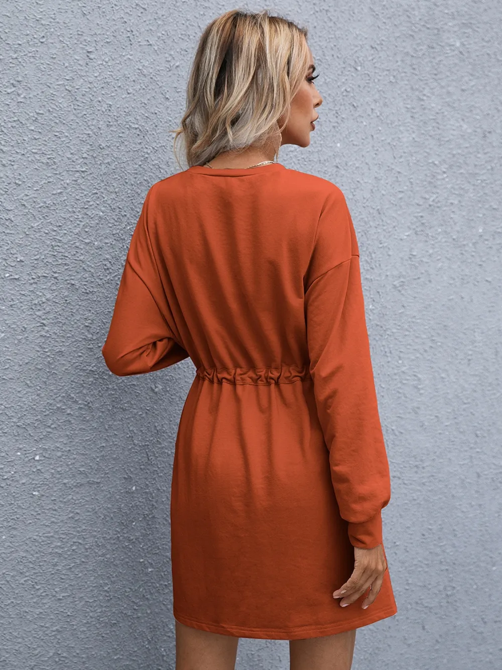 Drawstring Round Neck Dropped Shoulder Mini Dress, image 3