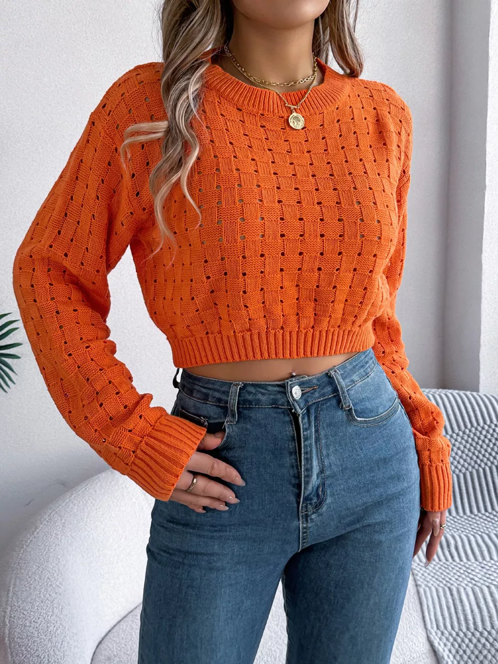 Cutout Back Openwork Round Neck Long Sleeve Sweater, image 2