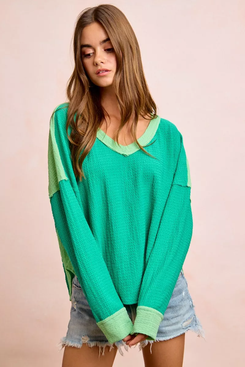 Textured Jersey Color Block Top With Cut Edge, image 5
