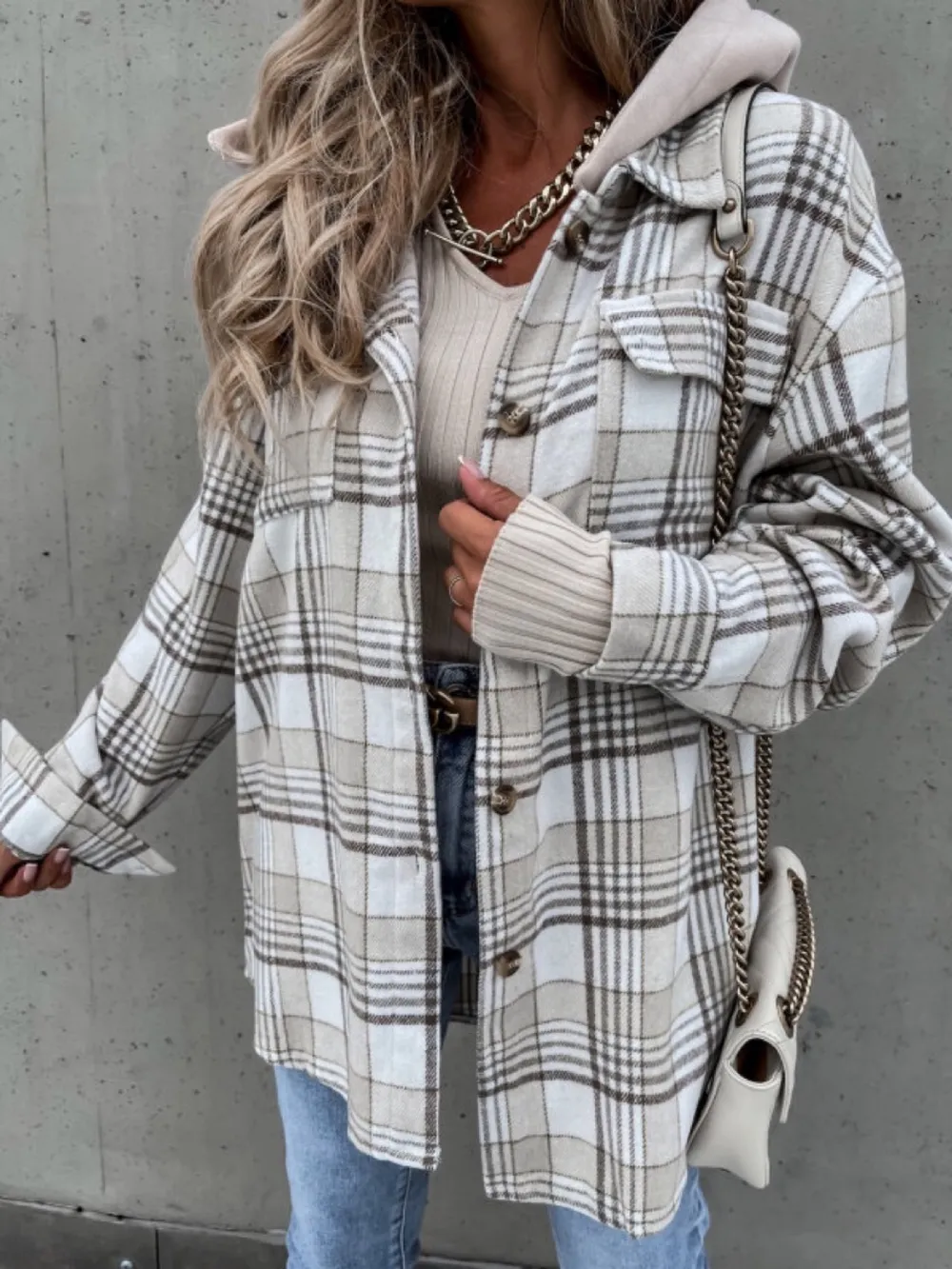 Plaid Dropped Shoulder Hooded Jacket, image 4