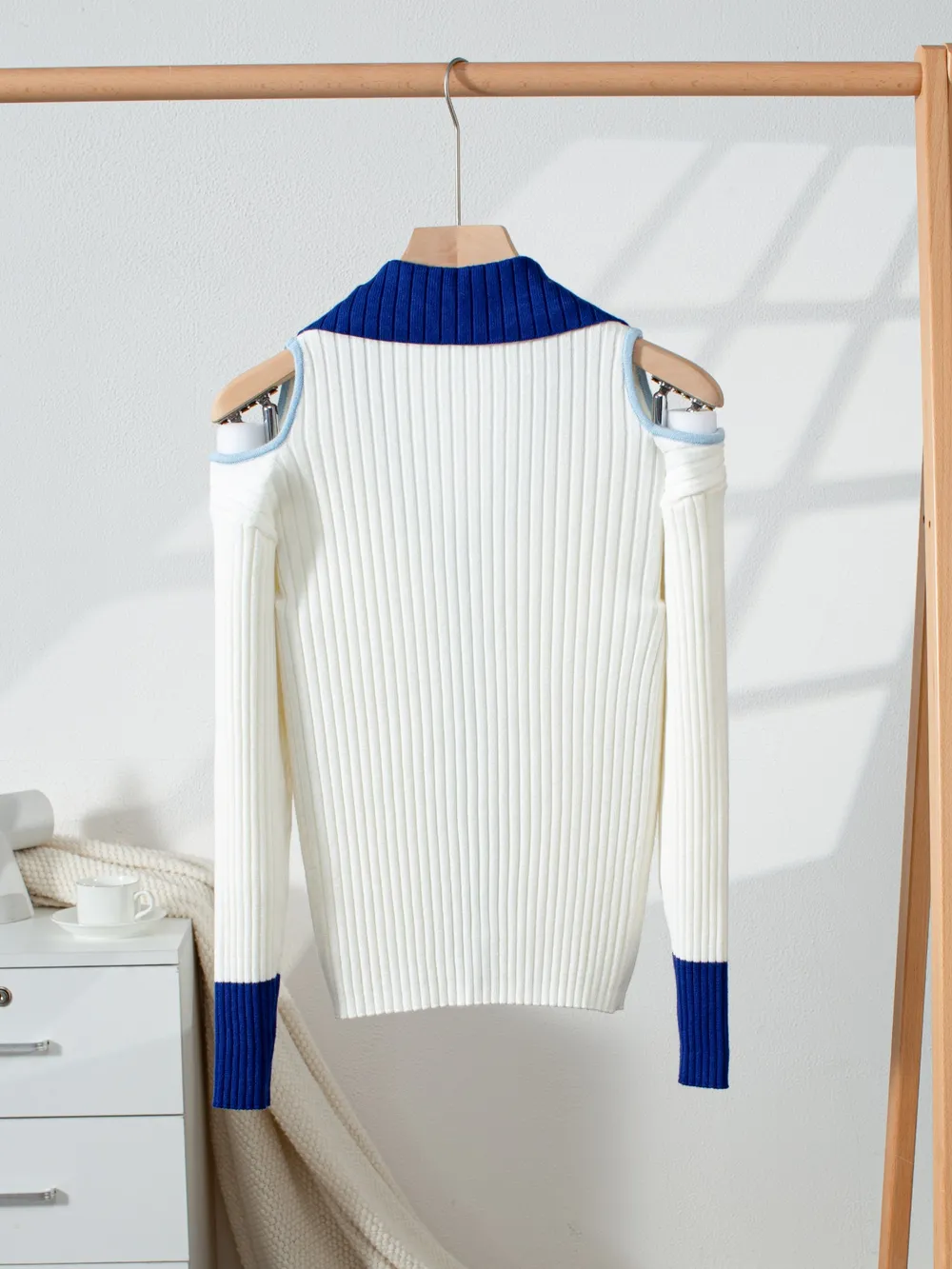 Ribbed Knit Cold Shoulder Cardigan, image 2