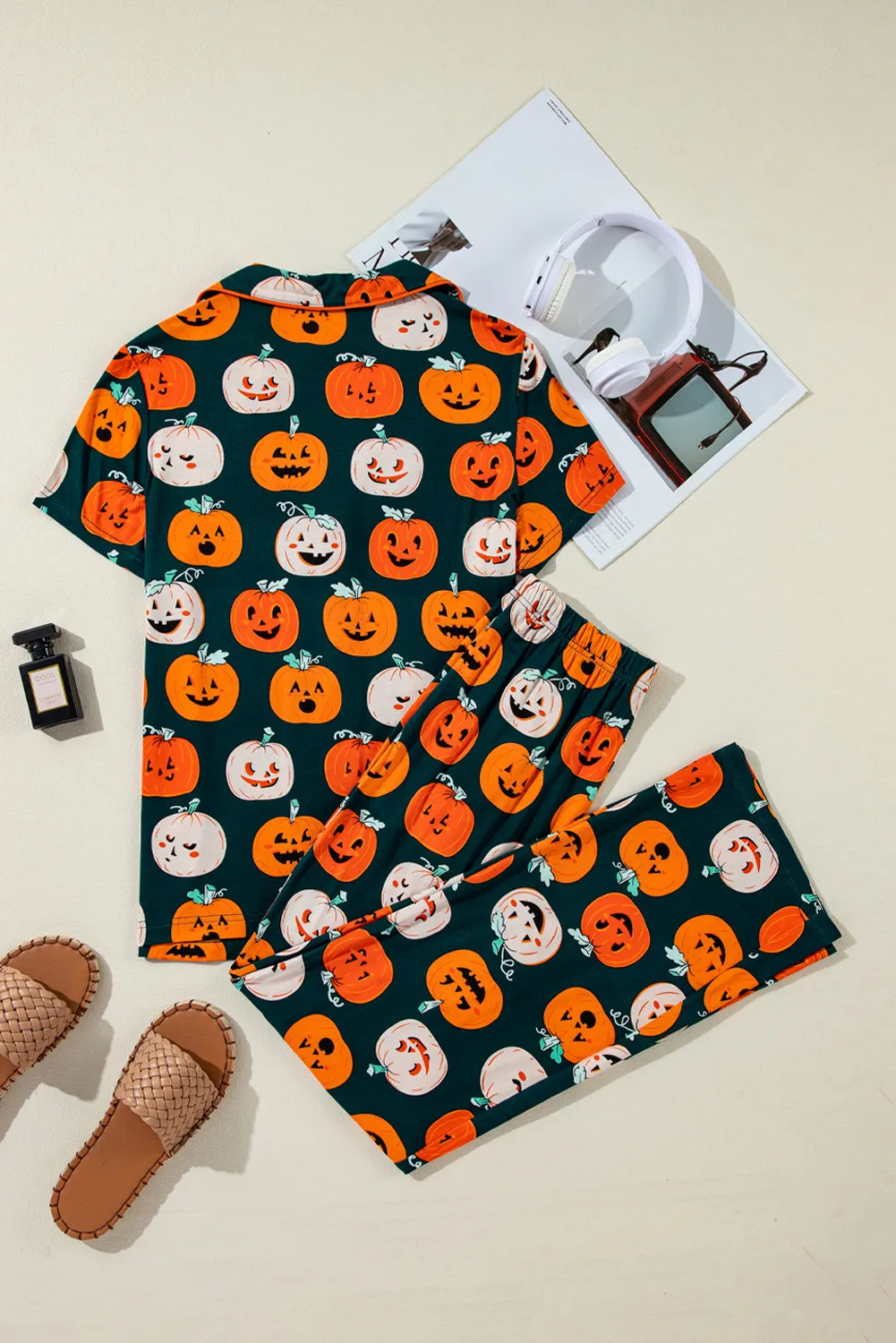 Pumpkin Printed Short Sleeve Top and Pants Lounge Set, image 3