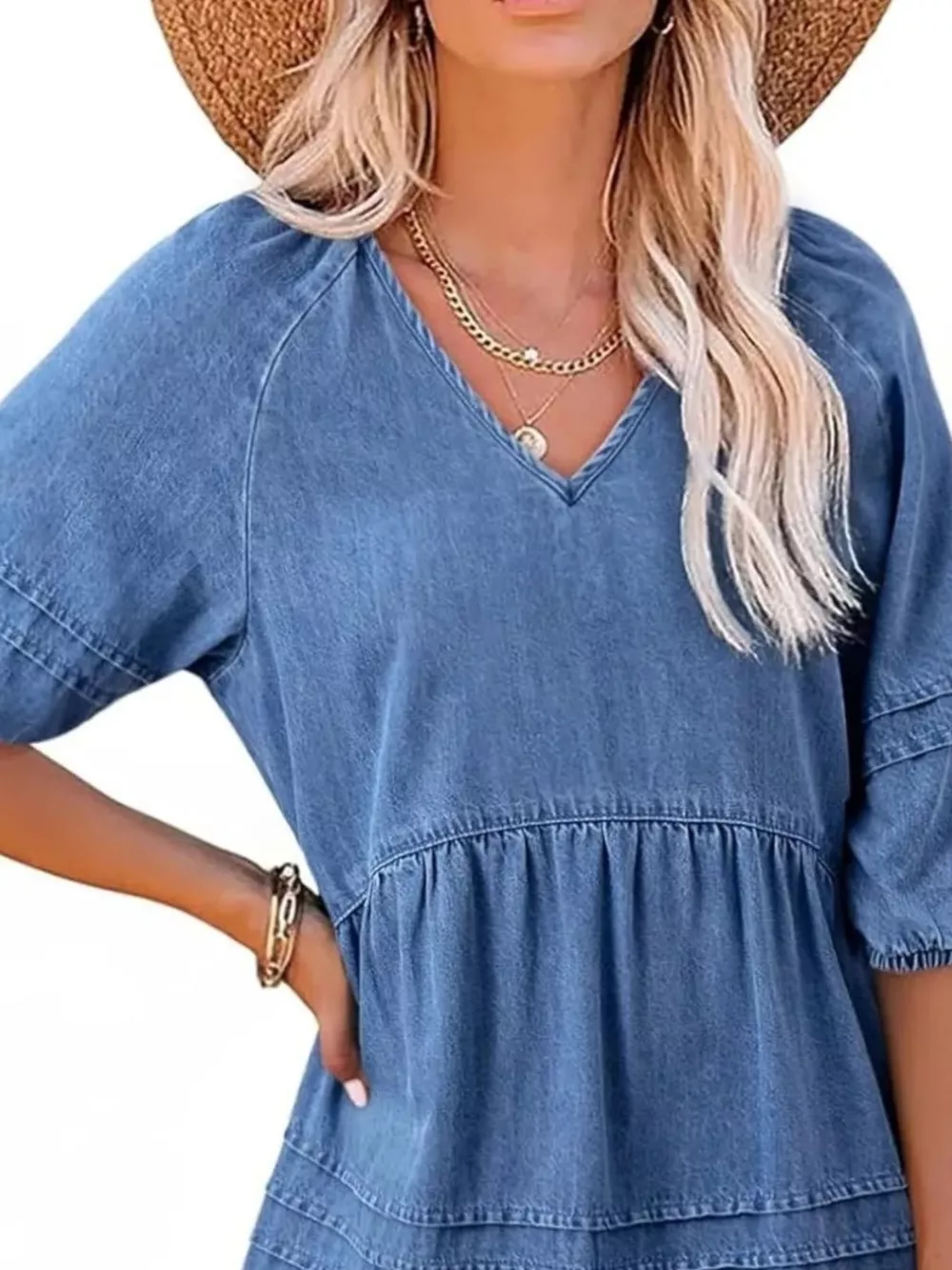 Casual V-Neck Puff Sleeve Denim Mini Dress, image 6