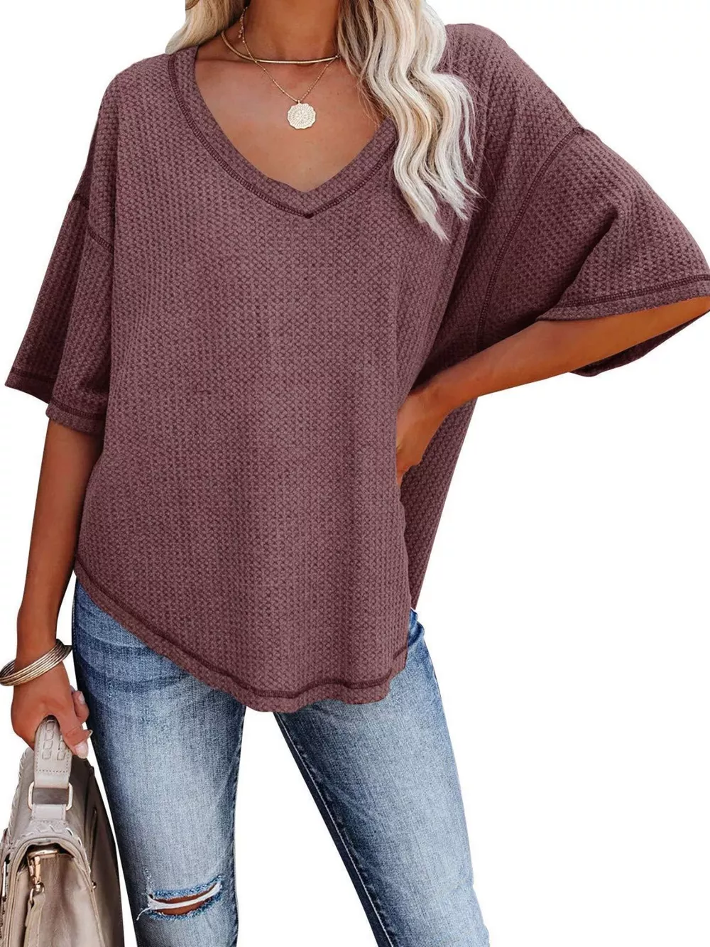 Waffle Knit V-Neck Short Sleeve T-Shirt, image 24