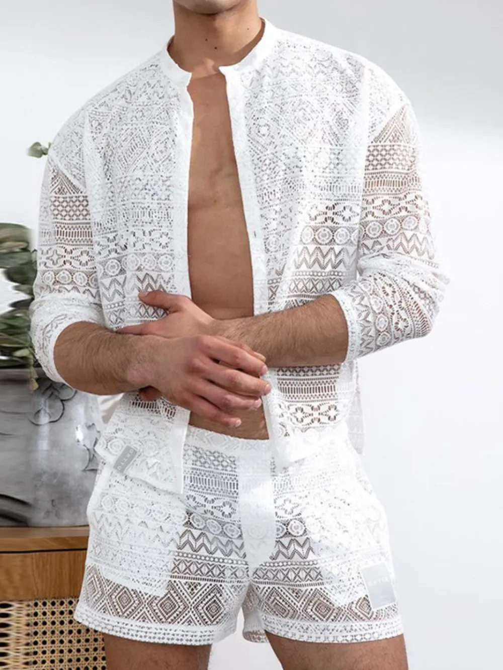 Men's Full Size Lace Button Down Top and Shorts Set Plus Size, image 6