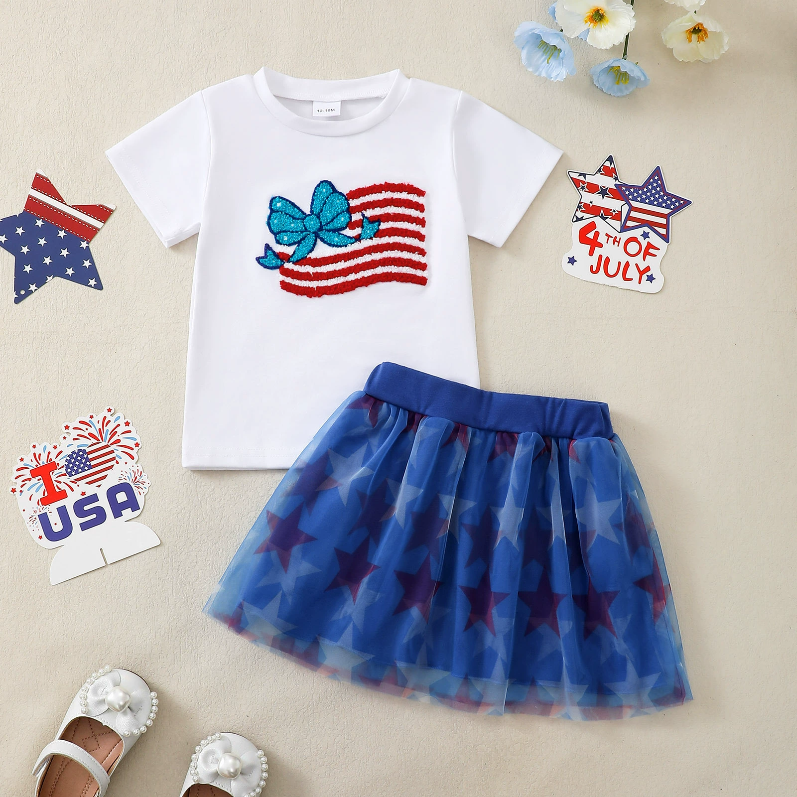 Children's American Flag Bow Tee and Tulle Skirt Set, image 2