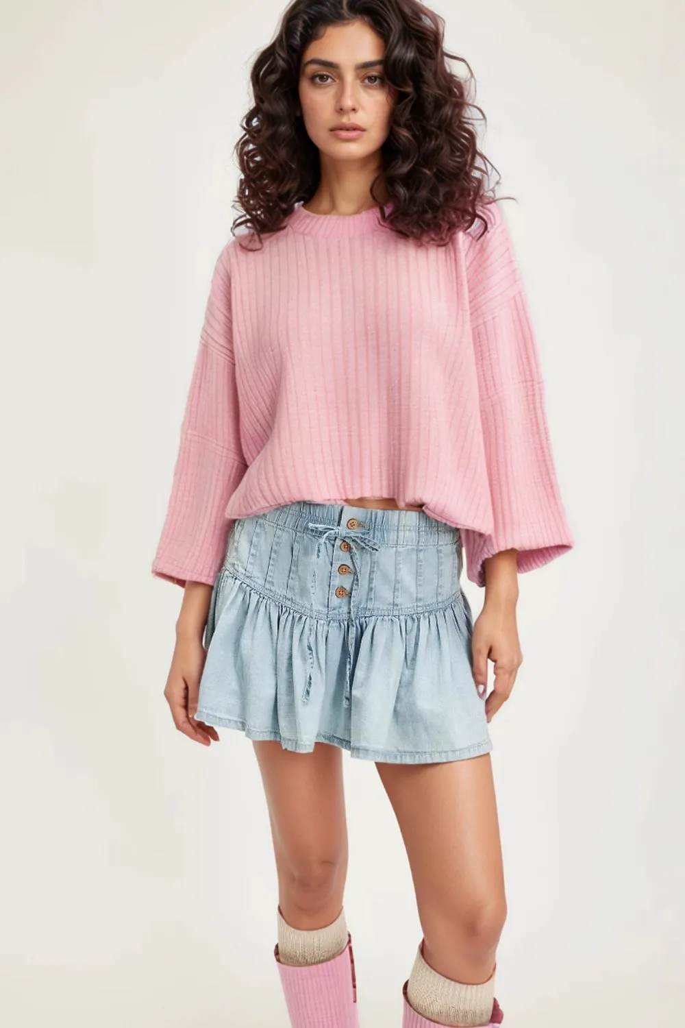 Buttoned Ruffled Mini Denim Skirt, image 4