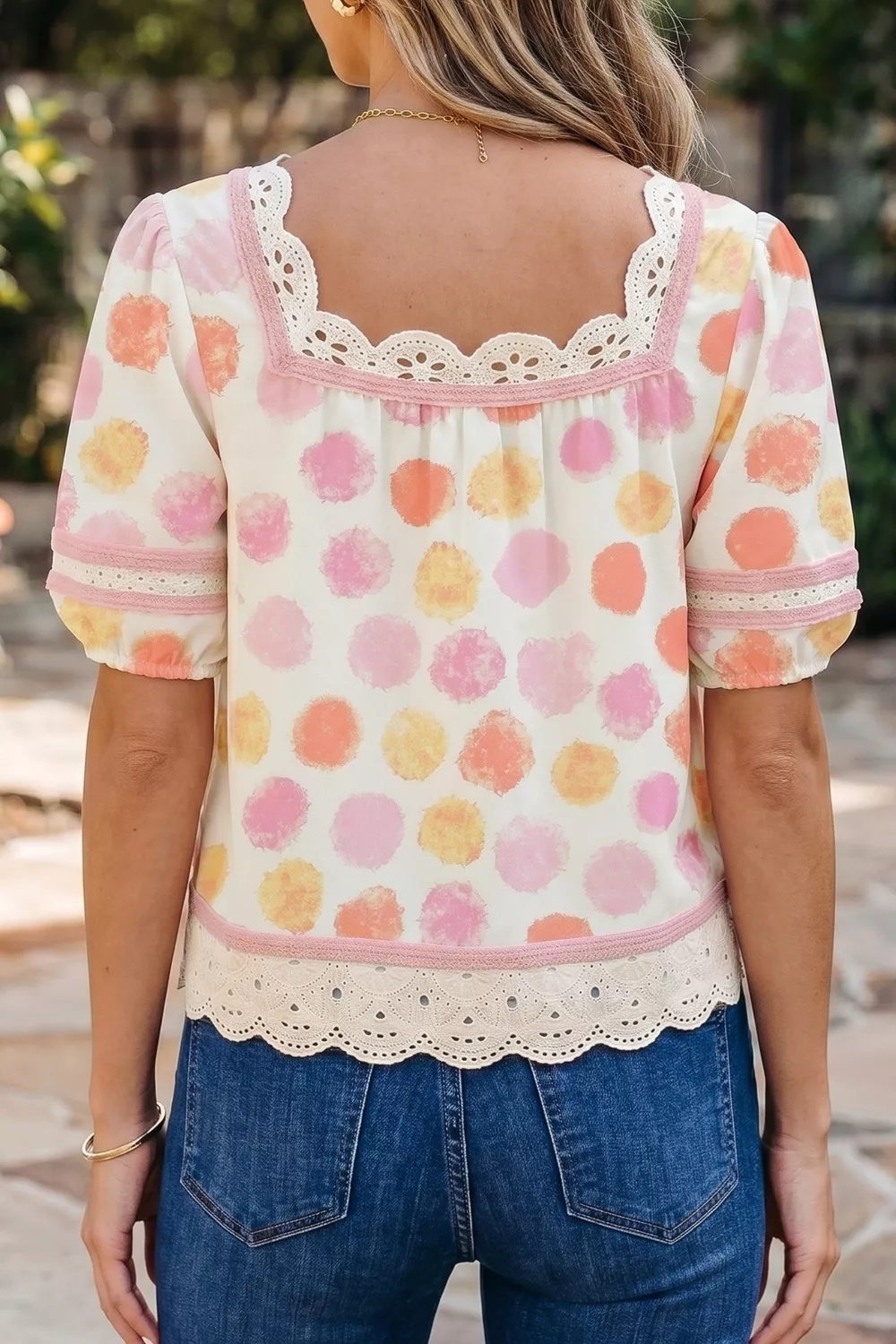Polka Dot Lace Trim Square Neck Puff Sleeve Blouse, image 2