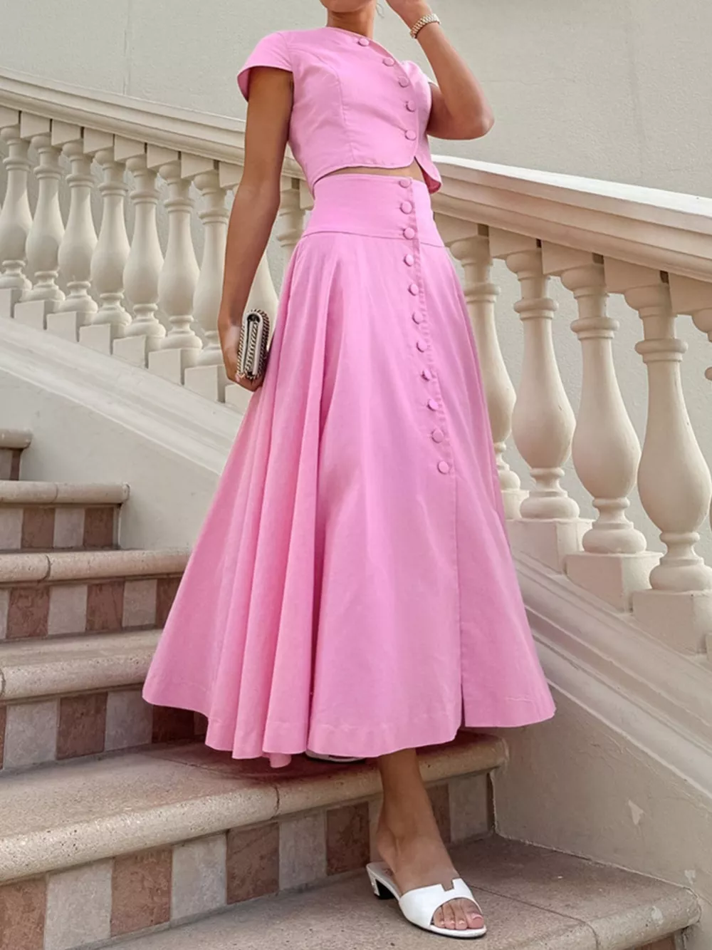 Cap Sleeve Button-Down Crop Top and Midi Skirt Set, image 10