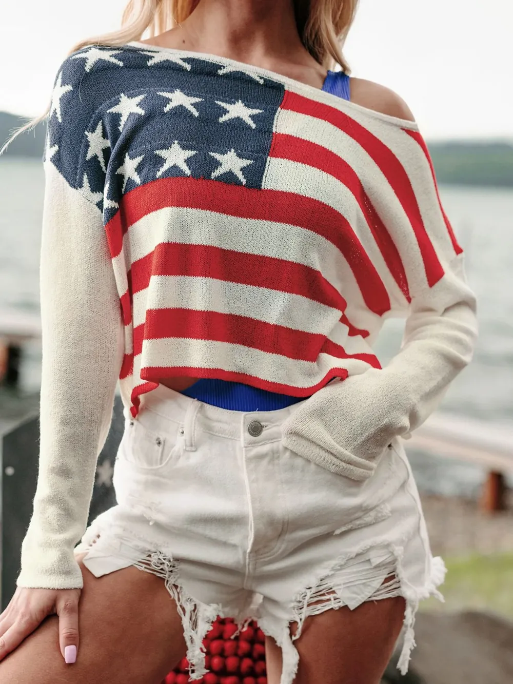 US Flag Boat Neck Long Sleeve Knit Top, image 3