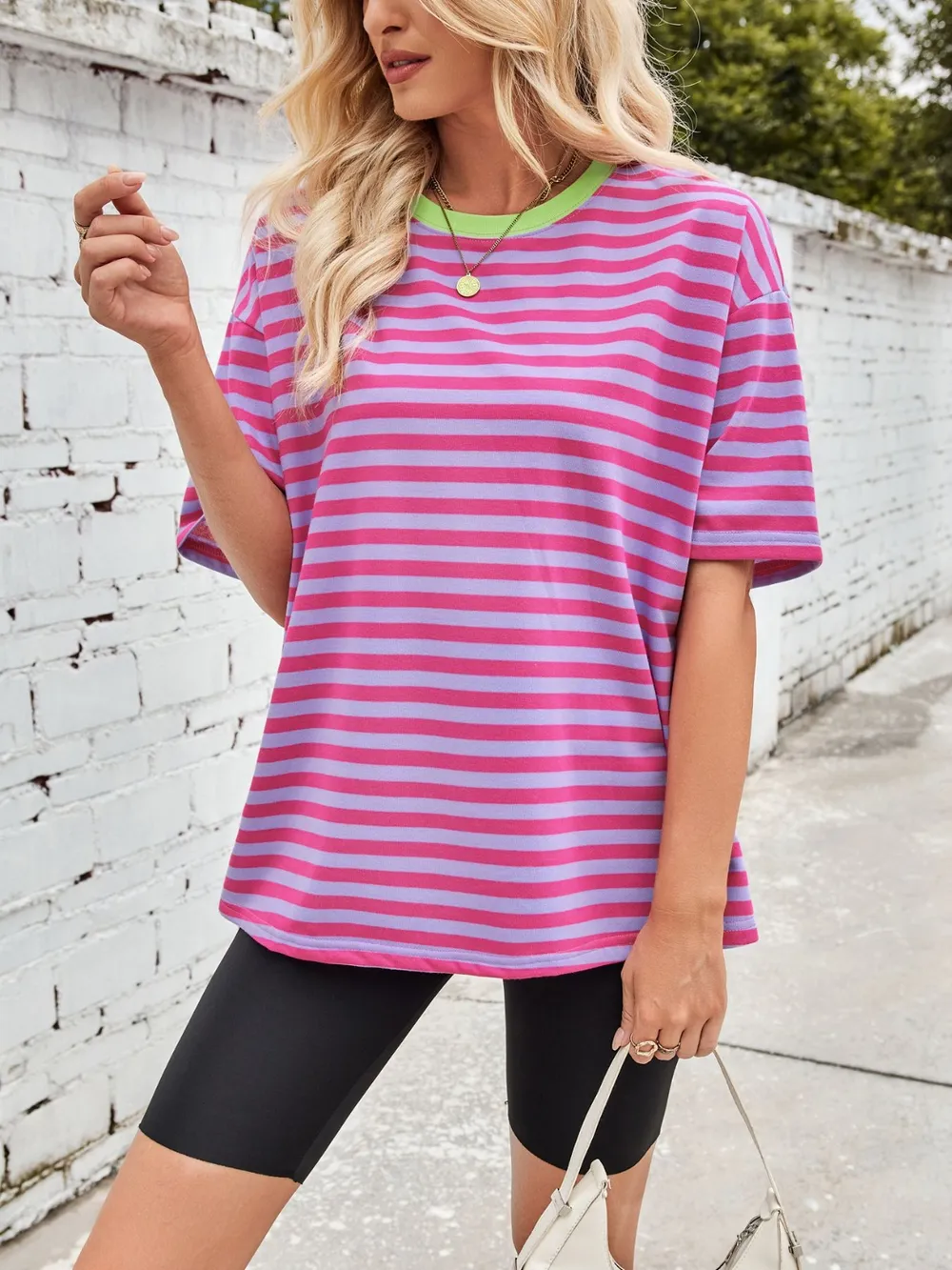 Contrast Striped Round Neck T-Shirt, image 9