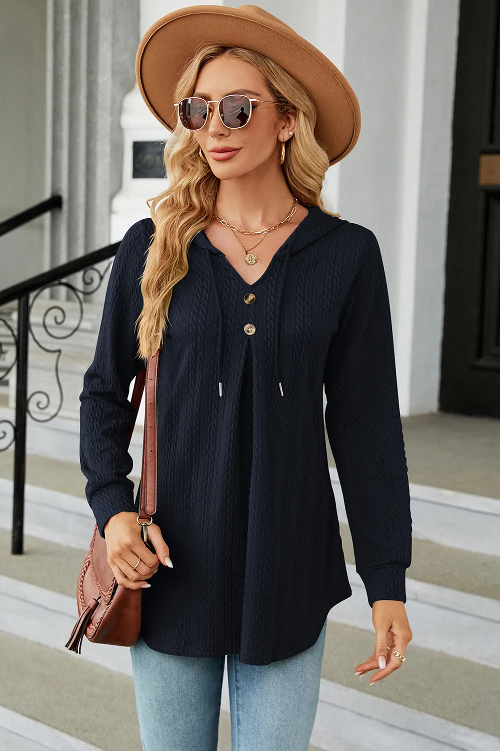 Decorative Button Drawstring Long Sleeve Hoodie, image 6