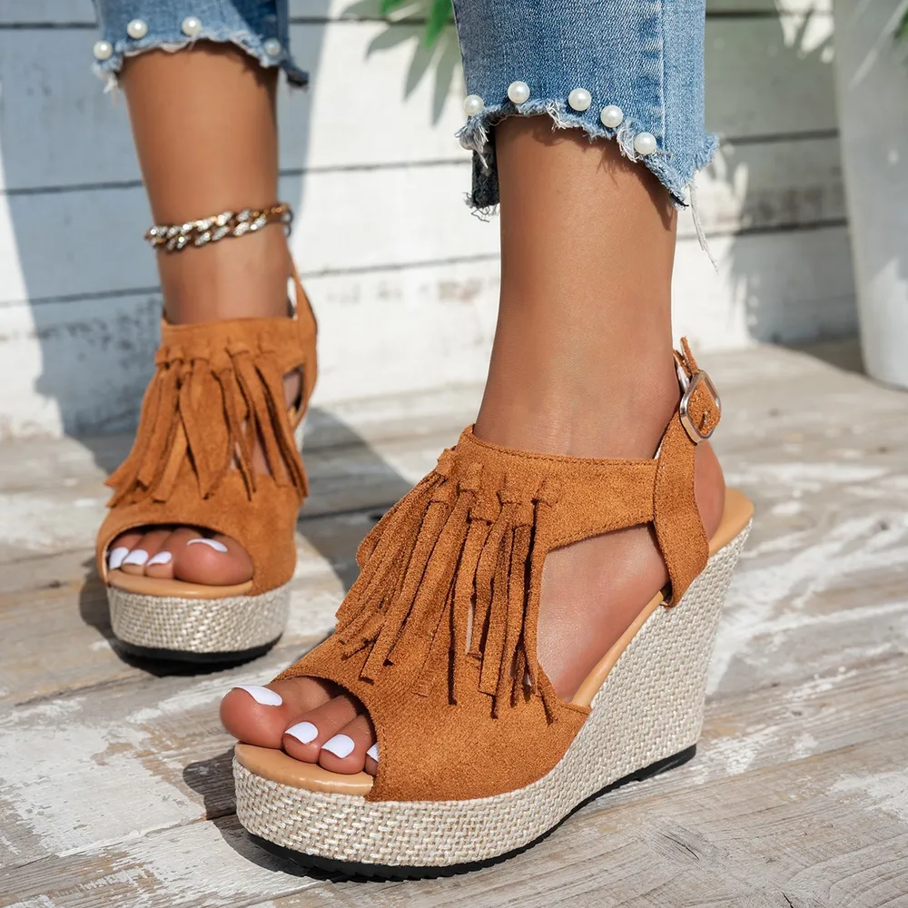 Fringe Peep Toe Wedge Sandals, image 2