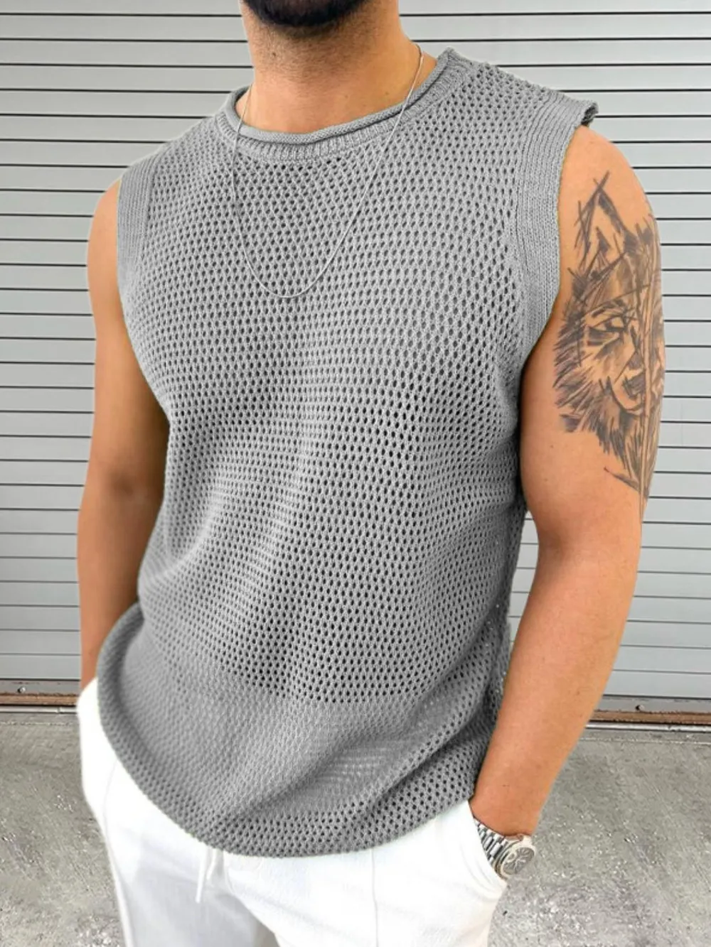 Men's Openwork Round Neck Sleeveless Knit Top, image 6