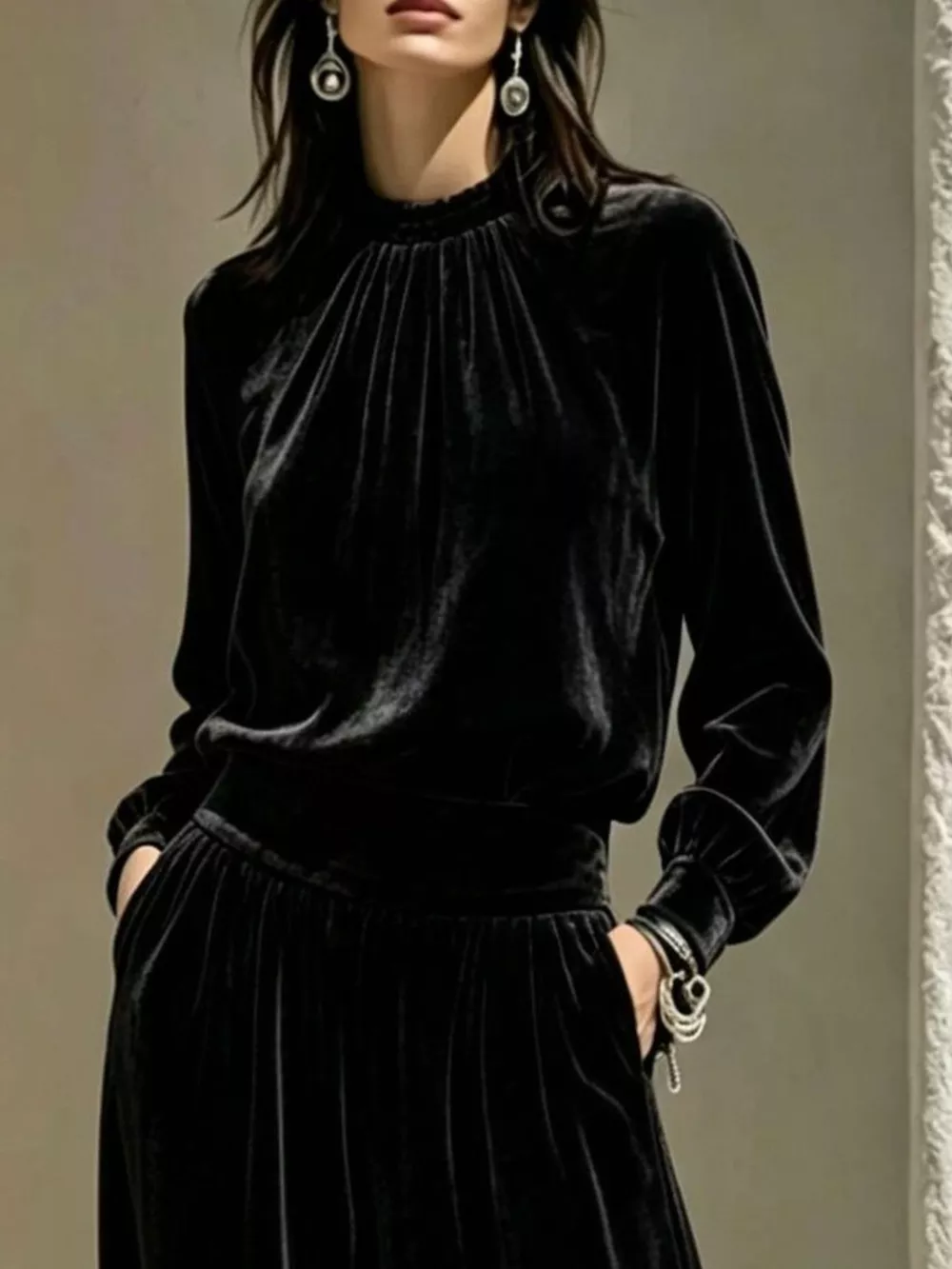Velvet Mock Neck Long Sleeve Top and Wide-Leg Pants Set, image 11