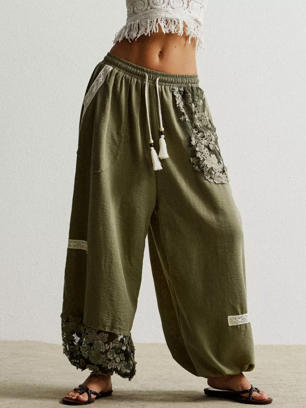 Lace Detail Drawstring Harem Pants, image 4
