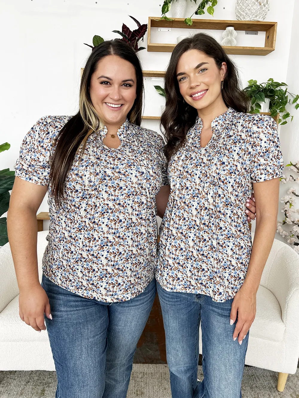 Ruched Printed Notched Short Sleeve Blouse, image 14