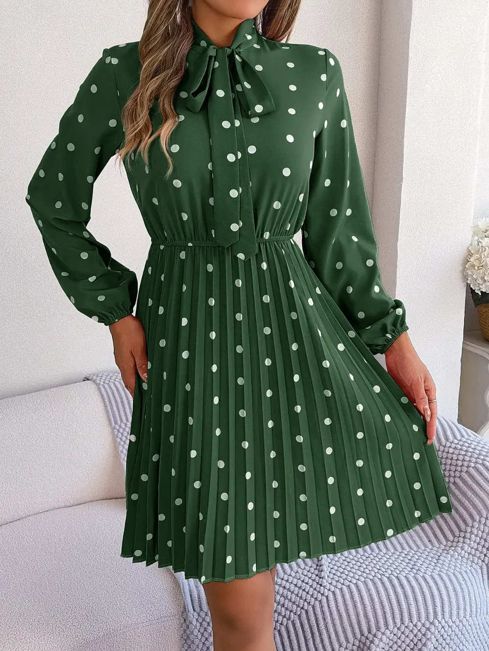 Polka Dot Tie Neck Pleated Dress, image 22