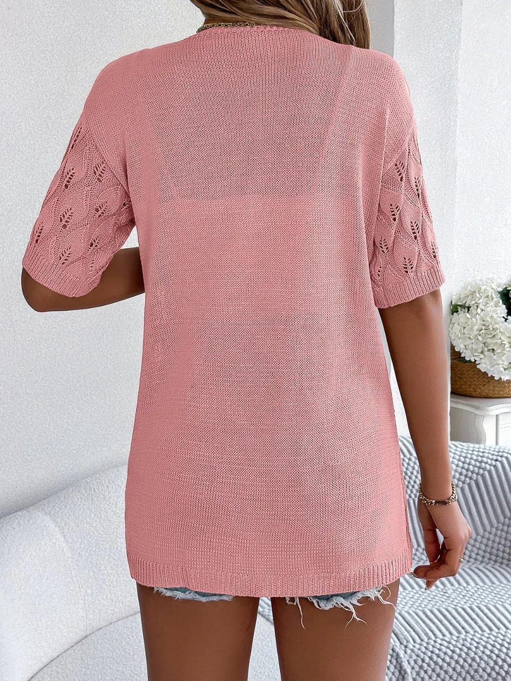 Openwork Open Front Short Sleeve Cardigan, image 9