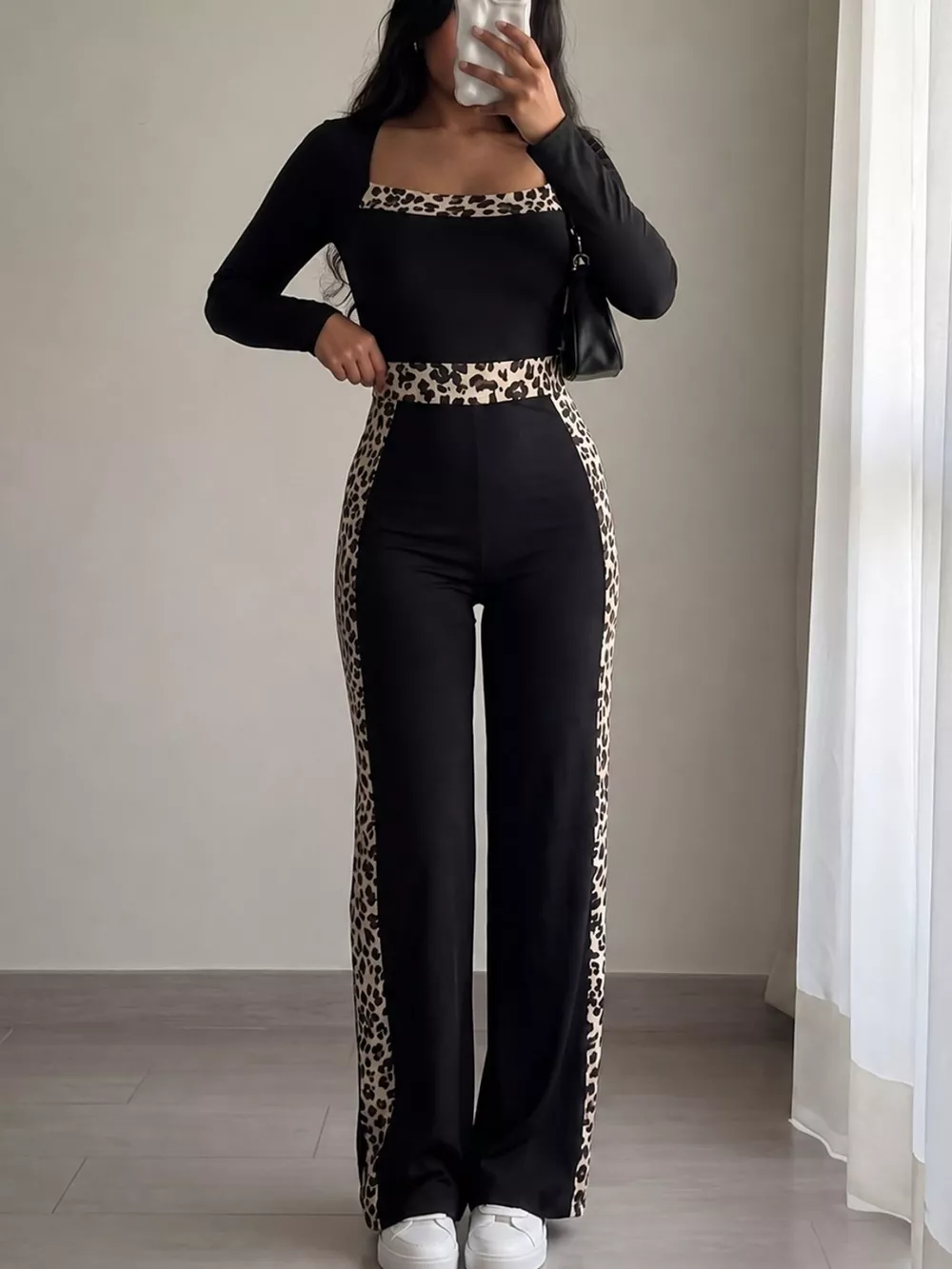Leopard Trim Long Sleeve Jumpsuit