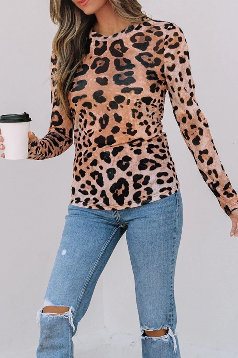 Leopard Round Neck Long Sleeve Blouse, image 7