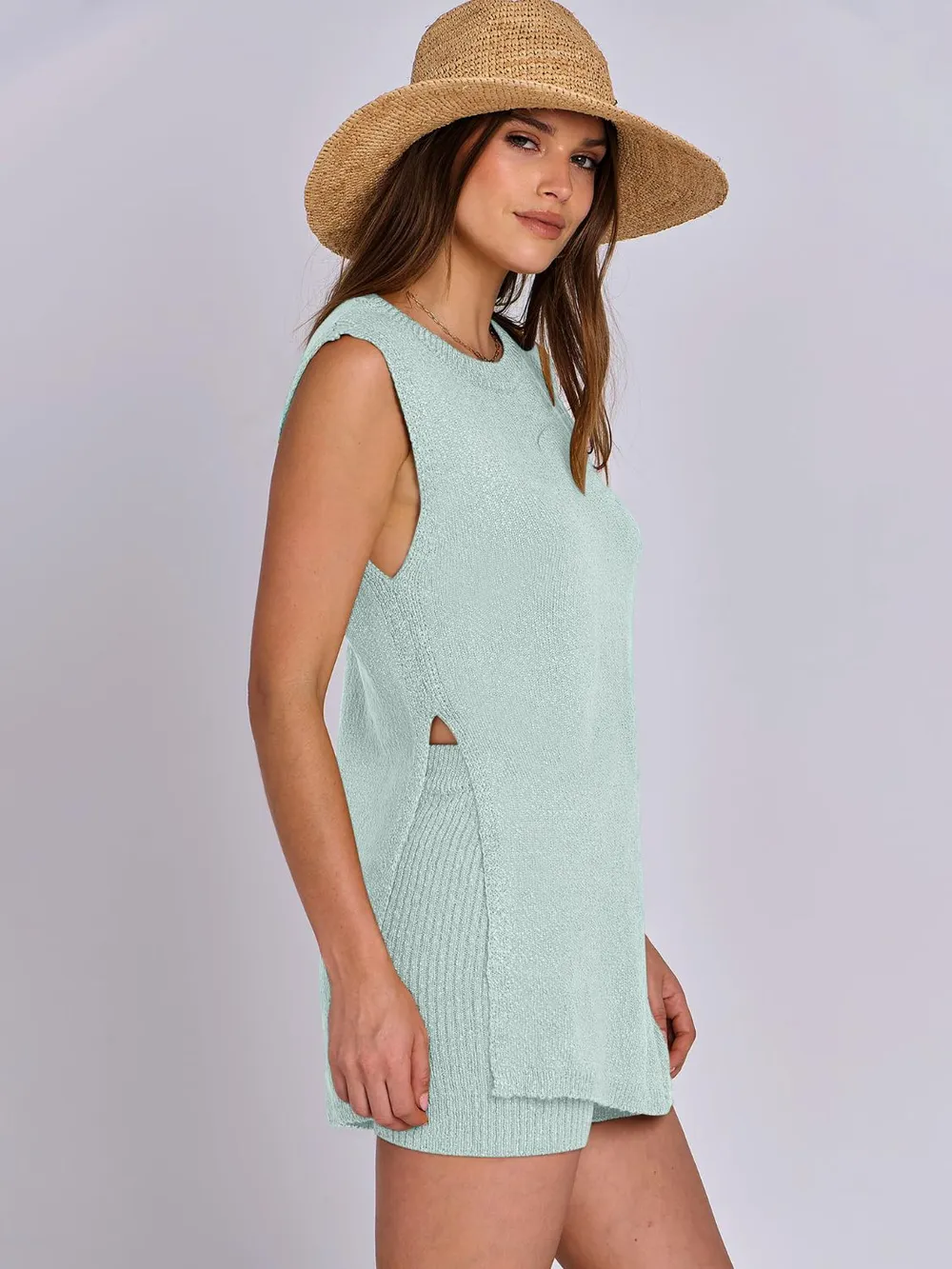 Side Slit Round Neck Tank and Ribbed Shorts Sweater Set, image 12
