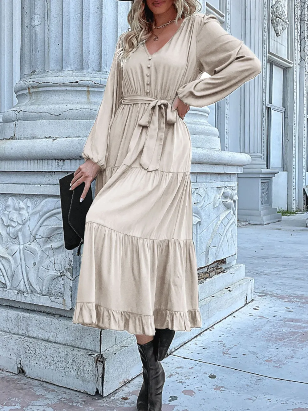 Ruffled Hem V-Neck Balloon Sleeve Dress, image 8
