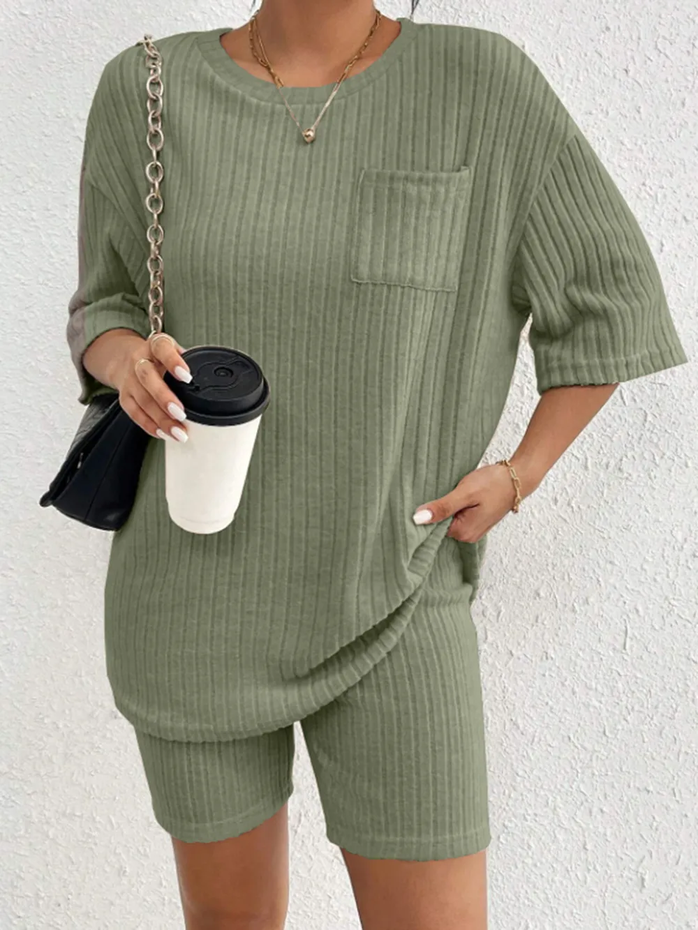 Ribbed Round Neck Top and Shorts Set, image 12