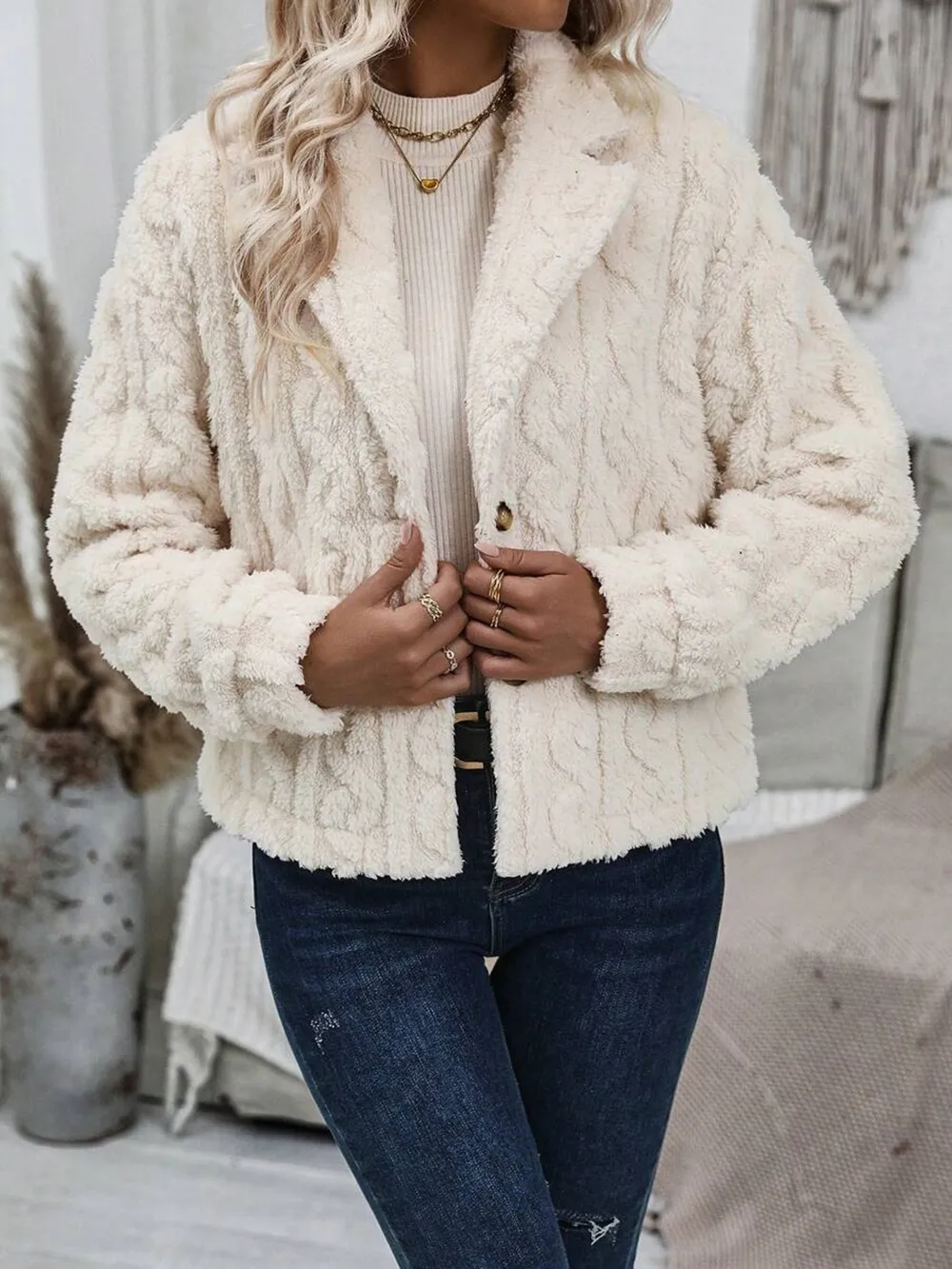 Fuzzy Button Up Collared Neck Jacket, image 2