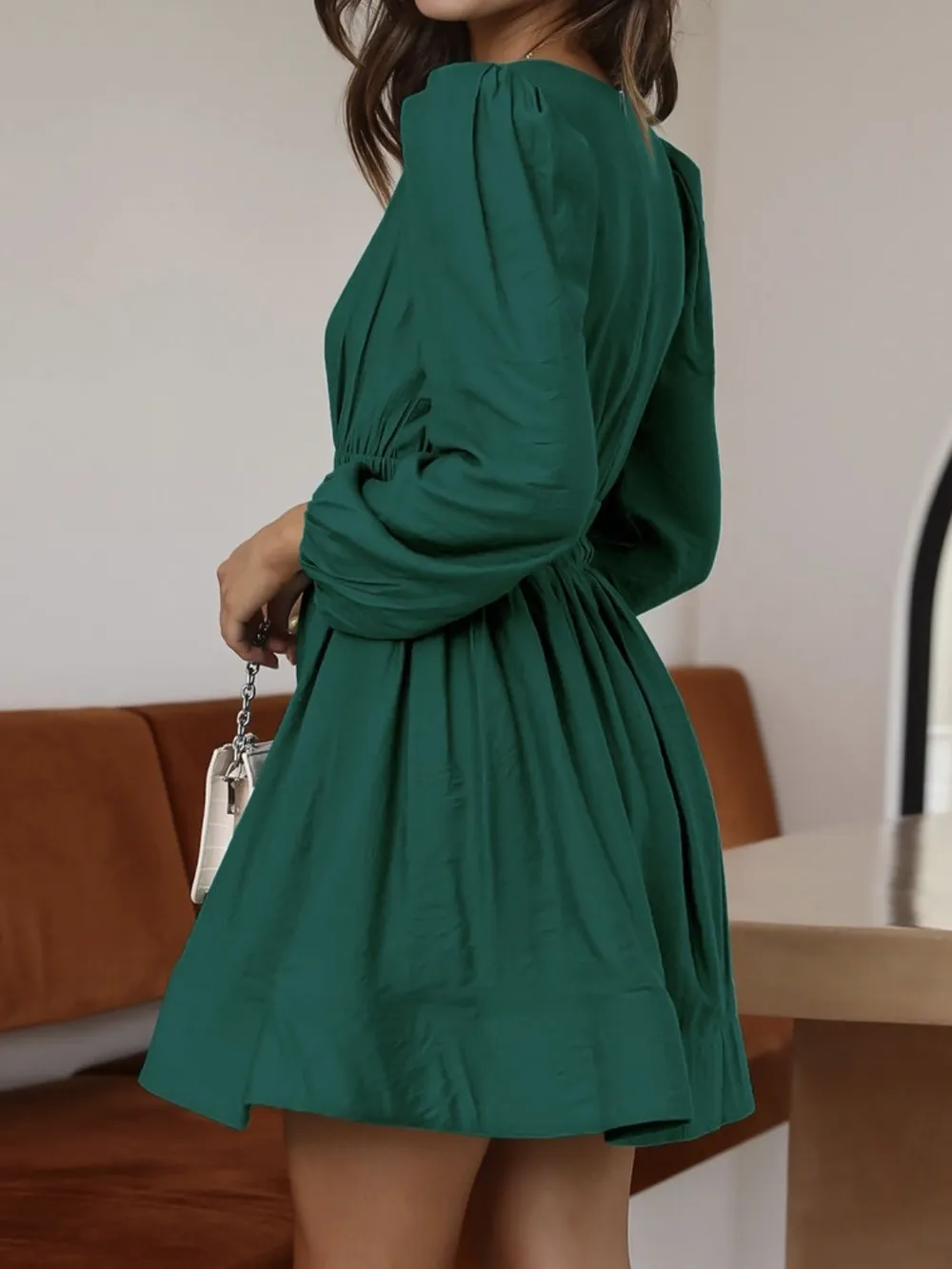 Ruched V-Neck Balloon Sleeve Mini Dress, image 7