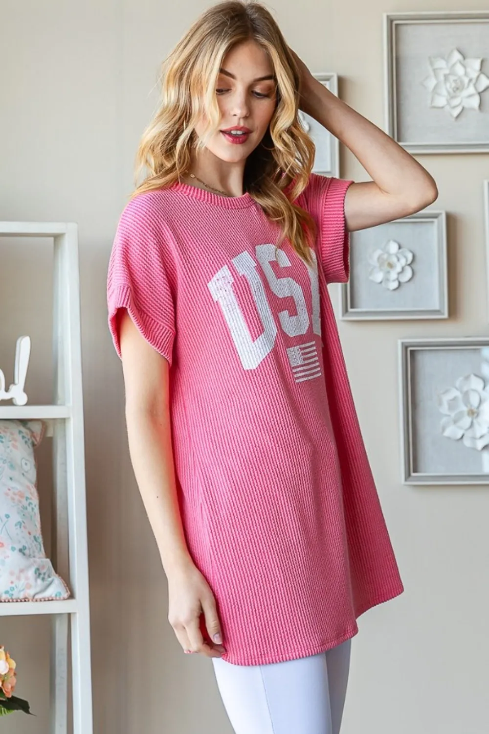 Full Size USA Graphic Short Sleeve Ribbed Top, image 3