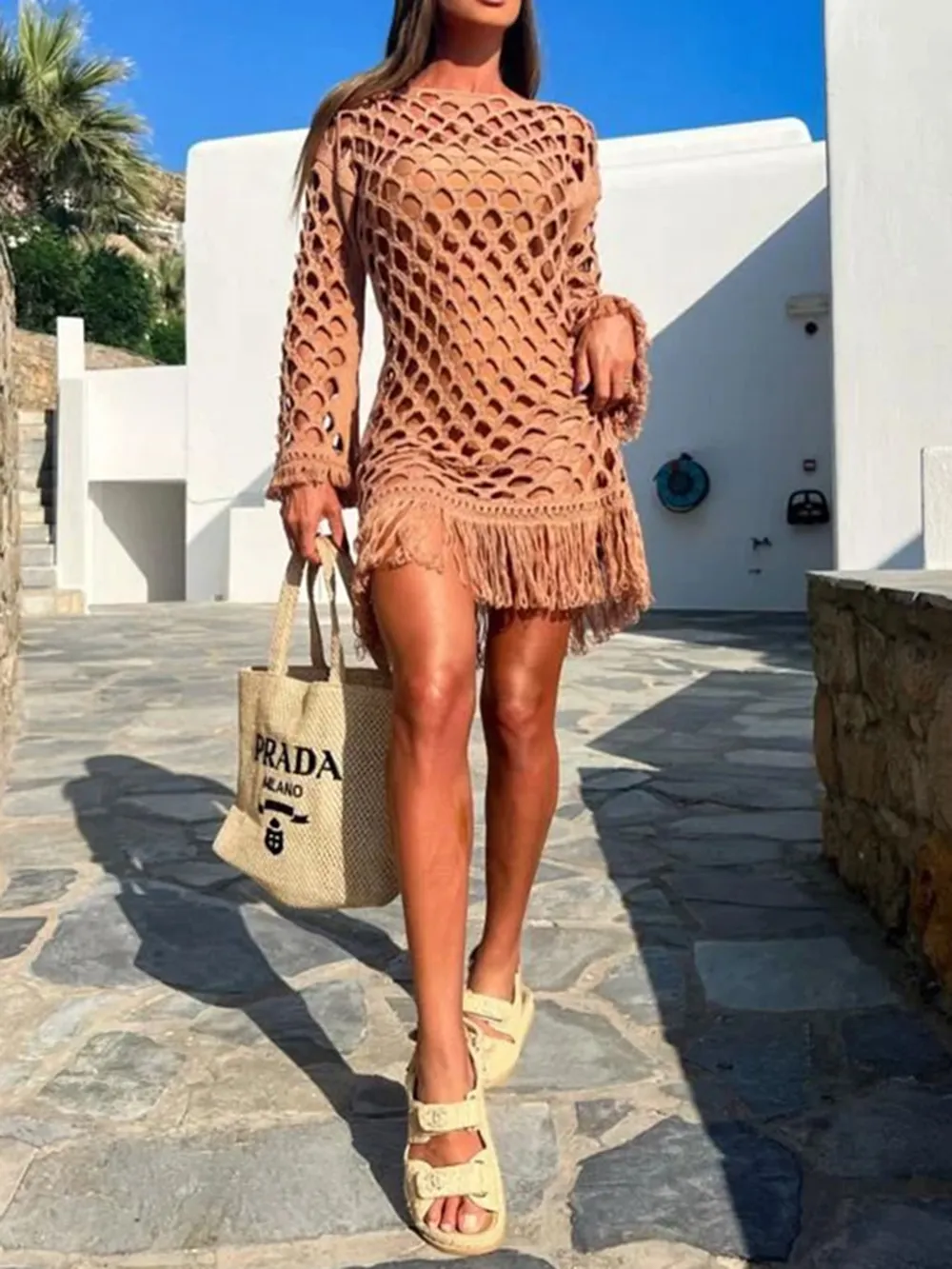 Fringe Cutout Long Sleeve Cover Up, image 3